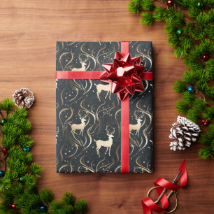 Radiant Black & Guld Swirl Reindeer Silhouette Presentpapper