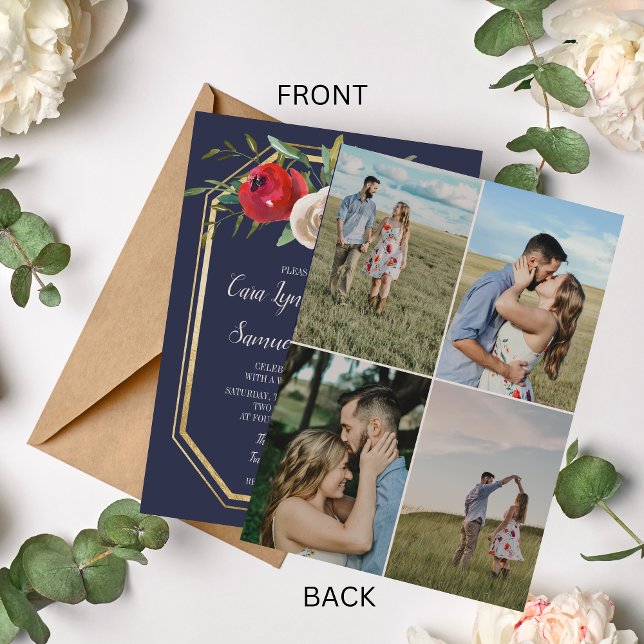 Radiant Blommigt - blå burgundfoto Bröllop Inbjudningar (Skapare uppladdad)