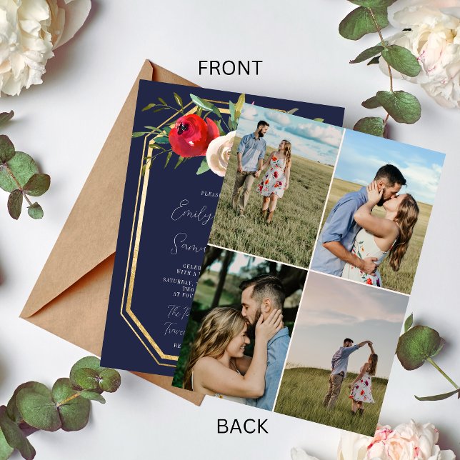 Radiant Blommigt - blå burgundfoto Bröllop Inbjudningar (Skapare uppladdad)
