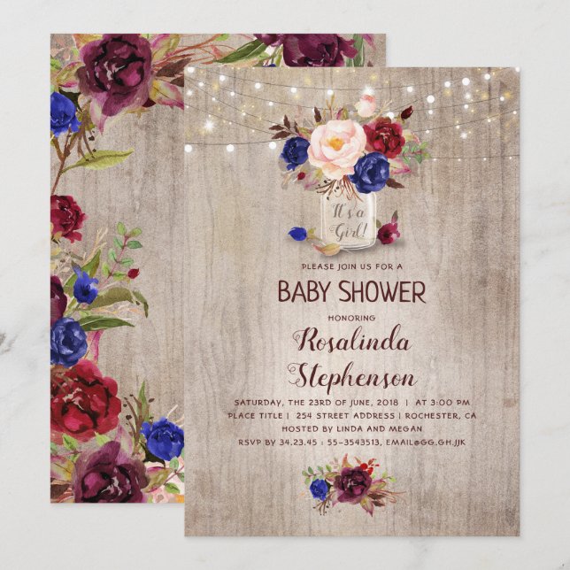 Radiant Blommigt Mason Burk Rustic Baby Shower Inbjudningar (Fram/baksida)