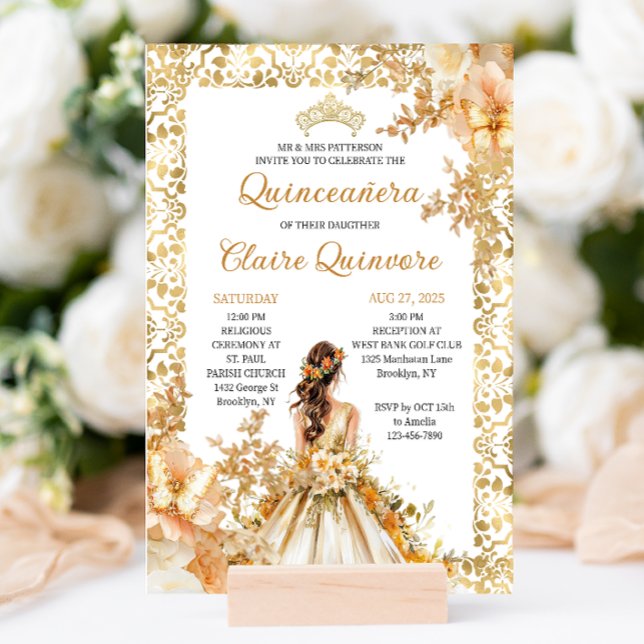 Radiant Bloom Blommigt Princess Guld Quinceanera Inbjudningar (Skapare uppladdad)