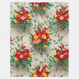 Radiant Bloom: En brant röd och Gult Blommigt Fleecefilt