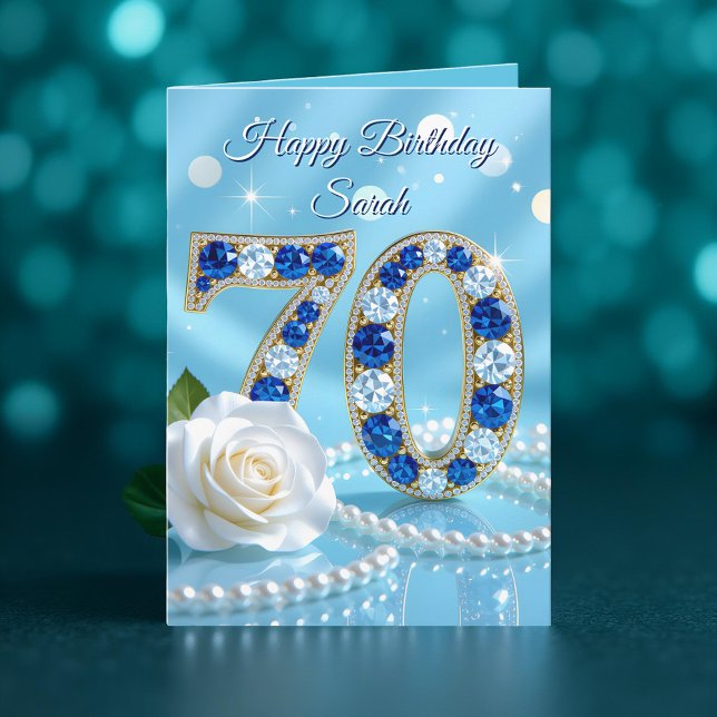 Radiant Blue Gems Ro och Pearls 70:e födelsedagen Kort (Skapare uppladdad)