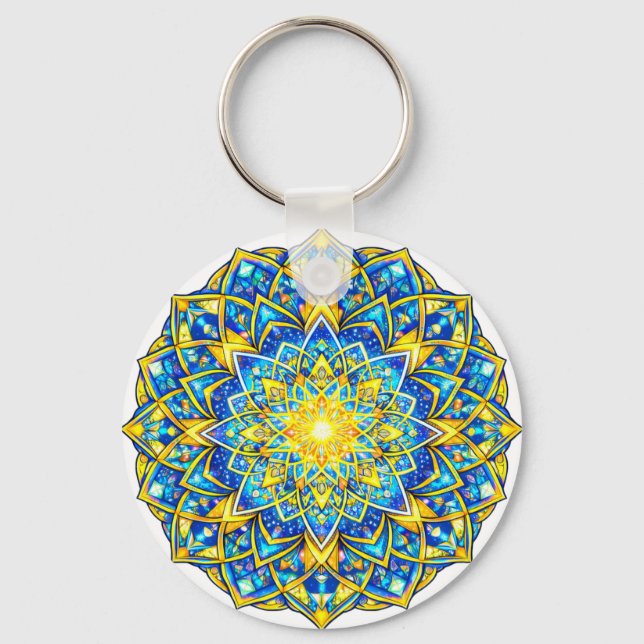 Radiant Blue Gold Mandala – Sun Harmony Keychain Nyckelring (Framsida)
