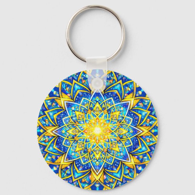 Radiant Blue Gold Mandala – Sun Harmony Keychain S Nyckelring (Framsida)