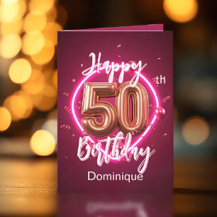 Radiant Chic Ro Guld och Rosa Neon 50:e födelsedag Kort