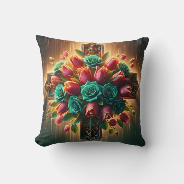 "Radiant Christian Kor Blommigts with Raindrops" Kudde (Framsida)