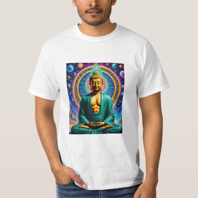 Radiant Cosmic Buddha Universe T Shirt Design (Framsida)