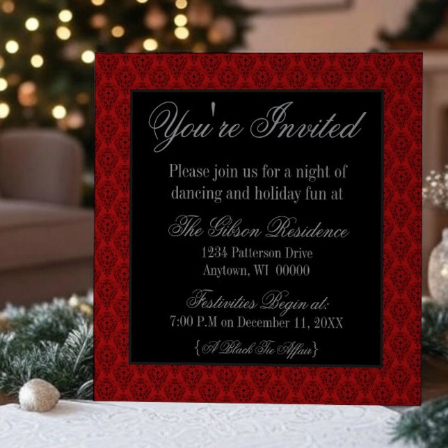 Radiant Damask jul Party Inbjudan, Röd Inbjudningar (Red Radiant Damask Christmas Party Invitation)
