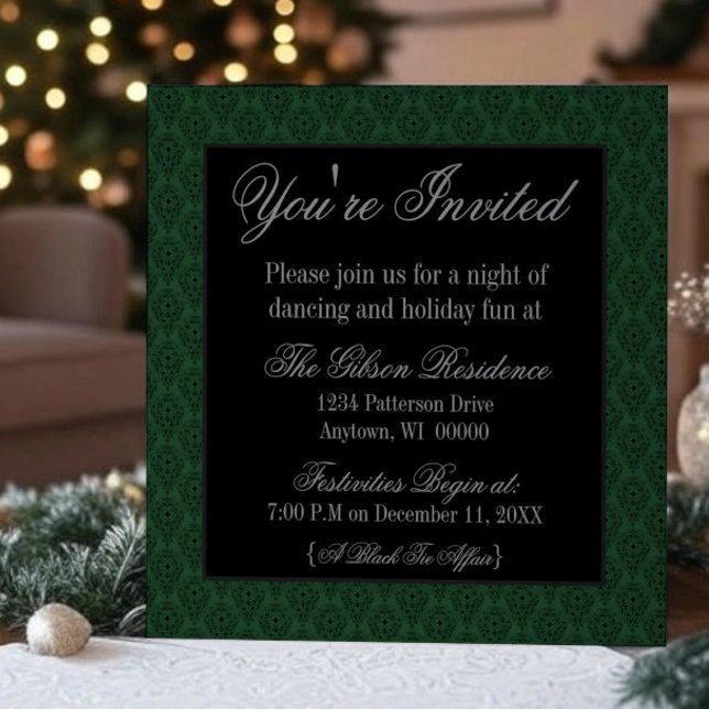Radiant Damask-julen Party Inbjudan, Mörk grönt Inbjudningar (Dark Green Radiant Damask Christmas Party Invitation)