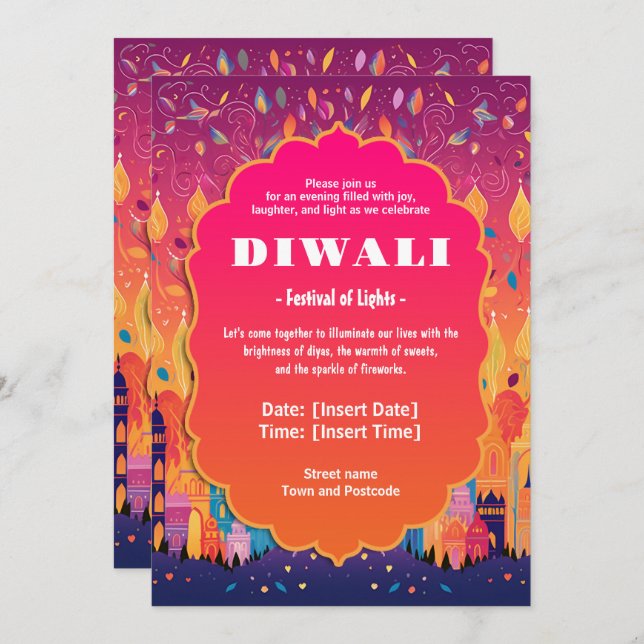 Radiant Diwali-Blommar Inbjudningar (Fram/baksida)