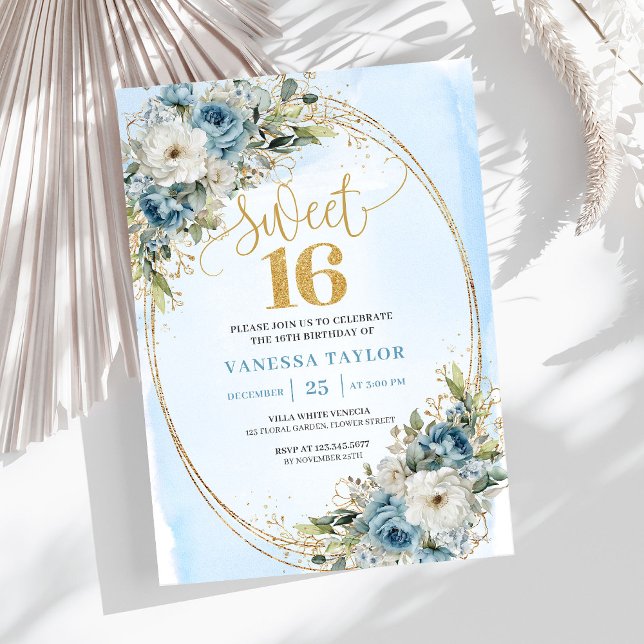 Radiant Dusty Blue Floral Sweet Sixteen Birthday  Inbjudningar (Radiant Dusty Blue Floral Sweet Sixteen Birthday Invitation

)
