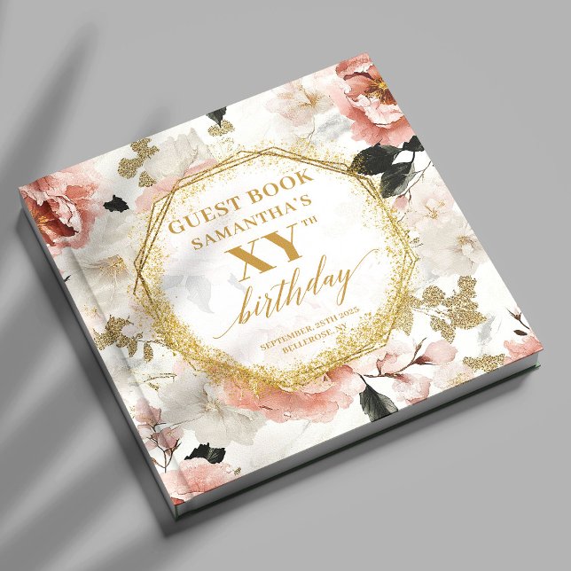 Radiant Dusty Rosa Guld Blommigt Birthday Guest Bo Gästböcker (Radiant Dusty Pink Gold Floral Birthday Guest Book

)