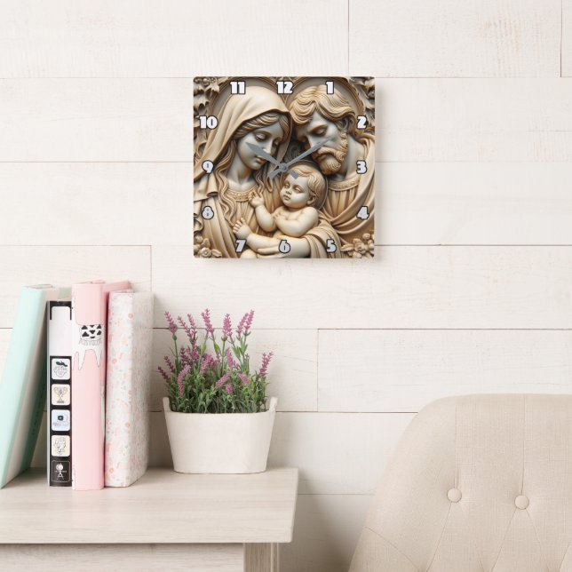 Radiant Golden Holy Family Relief Fyrkantig Klocka (Läsesal)