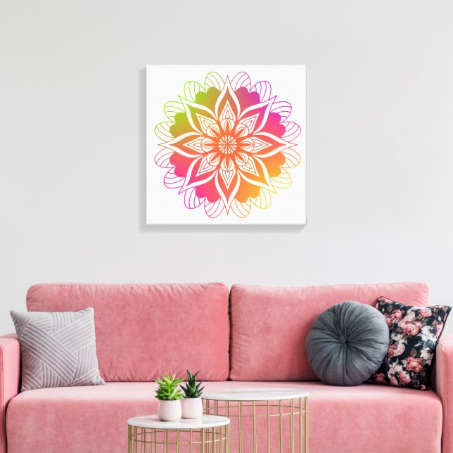Radiant Harmony: Boho Orange och Rosa Mandala Canvastryck (Insitu (Vardagsrum))