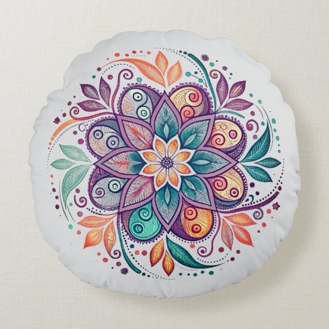  “Radiant Harmony Mandala" Rund Kudde (Framsidan)