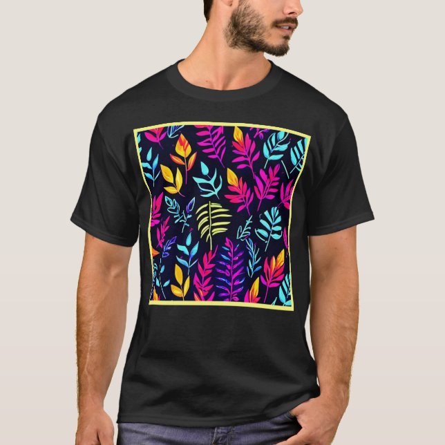 Radiant höstglöd: Neon-Hued Löv Mönster T Shirt (Framsida)