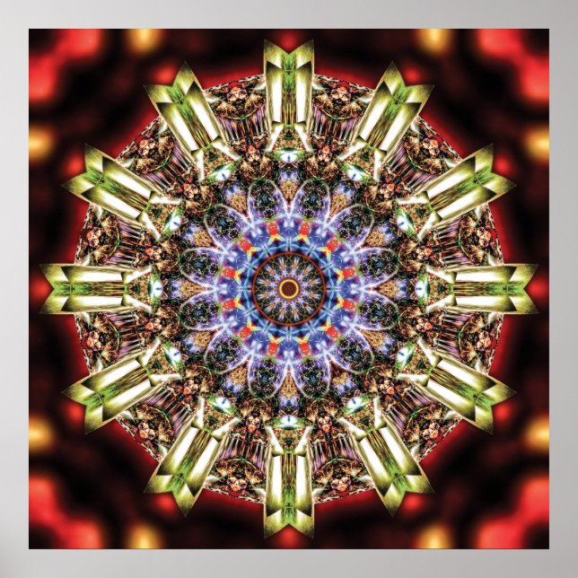 Radiant Kaleidoscopic Mandala in Crimson and Gold Poster (Framsidan)