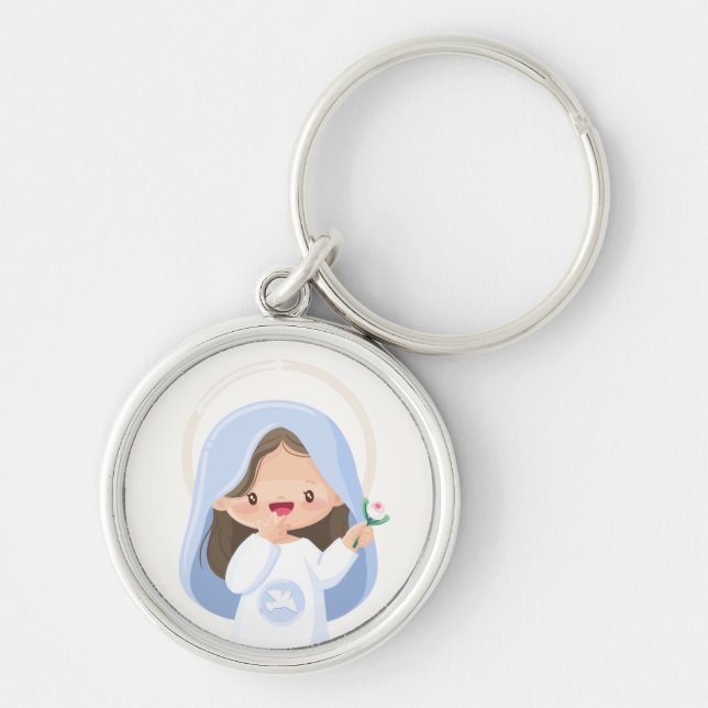 Radiant Kawaii Virgin Mary Holding Flower - White Rund Silverfärgad Nyckelring (Framsidan)