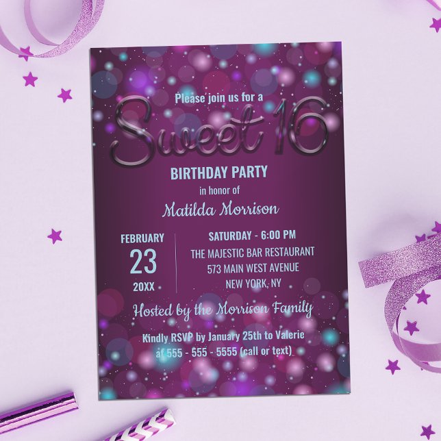 Radiant Lila Elegant Ljus Sweet 16 Birthday Inbjudningar (Skapare uppladdad)