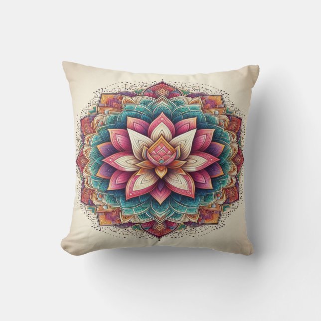 Radiant Lotus Mandala: Blooming Serenity Kudde (Framsida)