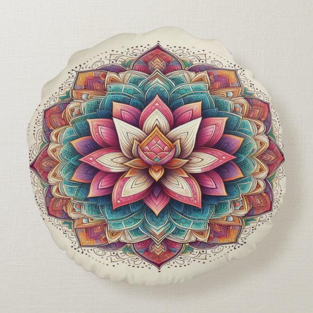 Radiant Lotus Mandala: Blooming Serenity Rund Kudde (Baksidan)
