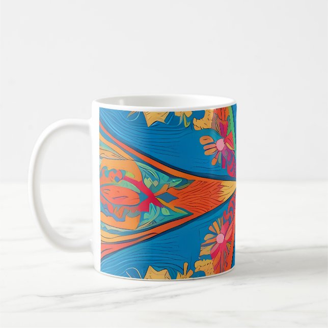 Radiant Mandala: Vibrant Symmetrical Fantasy Art Kaffemugg (Vänster)