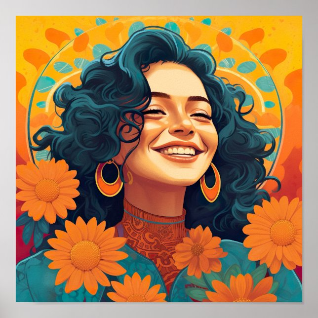Radiant mexikanska-amerikanska Woman Blommigt Port Poster (Framsidan)