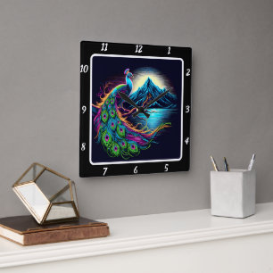 Radiant Neon Peacock Fyrkantig Klocka