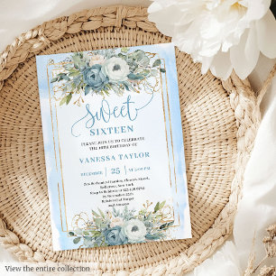 Radiant Pastel Blue White Peonies Sweet 16 Inbjuda Inbjudningar