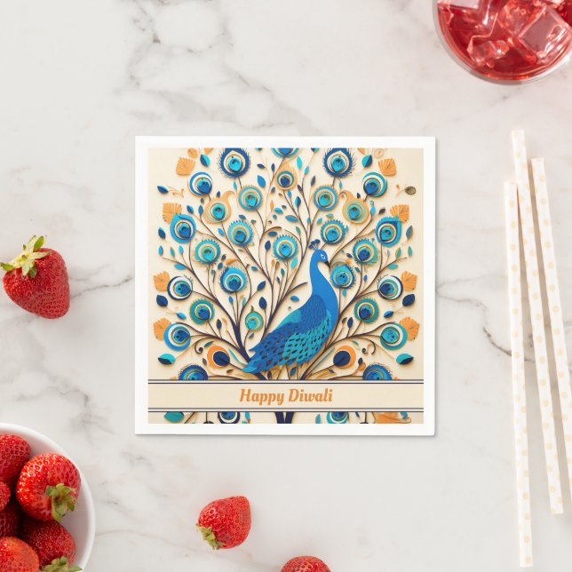 🦚 Radiant Peacock Diwali Blessings Pappersservett (Insitu)