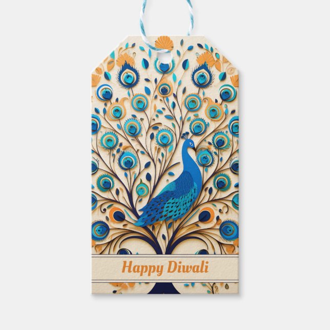 🦚 Radiant Peacock Diwali Blessings Presentetikett (Framsidan)