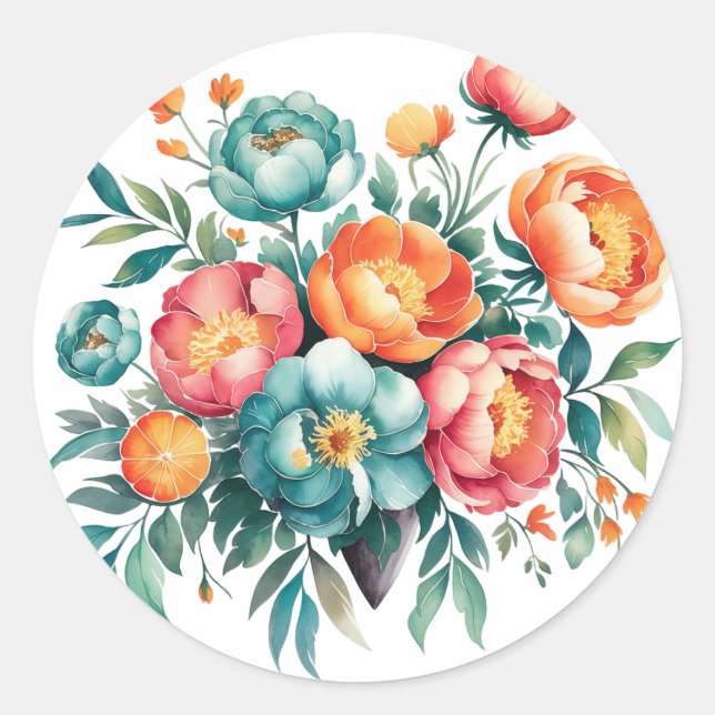 Radiant Peony Bouquet Bröllop Runt Klistermärke (Framsida)