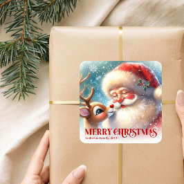 Radiant Personalized Santa and Rudolph Holiday   Fyrkantigt Klistermärke