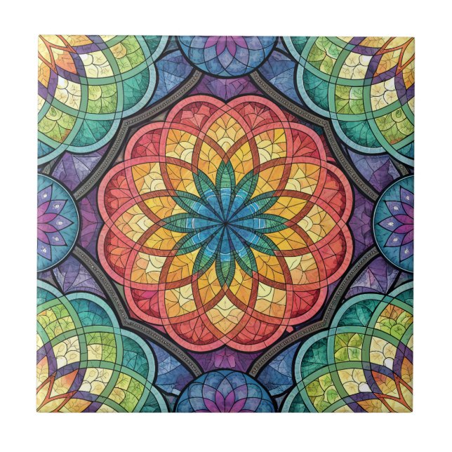 Radiant Rainbow Mandala Mosaic – Stained Glass Kakelplatta (Framsidan)