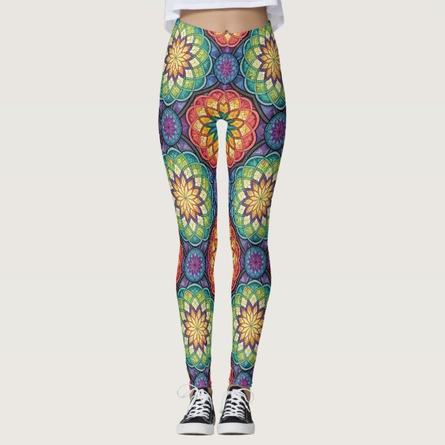 Radiant Rainbow Mandala Mosaic – Stained Glass Leggings (Framsida)