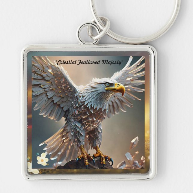 "Radiant Regal Eagle Design" Fyrkantig Silverfärgad Nyckelring (Framsidan)