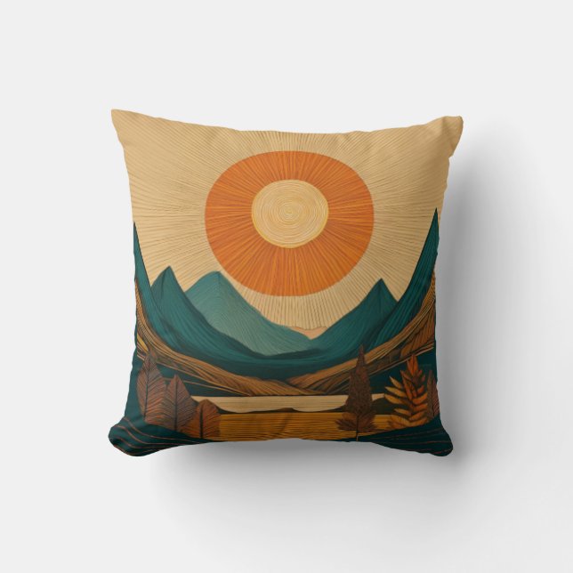Radiant Sol och Geometric Mountains Abstrakt Lands Kudde (Framsida)