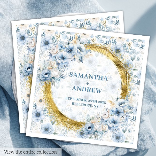 Radiant vattenfärg Pastel Blue Guld Bröllop Napkin Pappersservett (Elegant Watercolor Dusty Blue Gold Wedding Napkins)