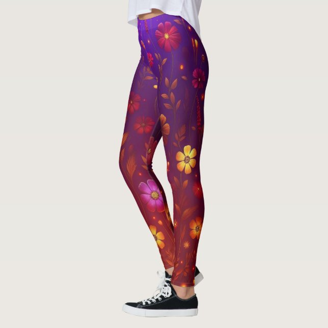 Radiant Wildblommor: Växande Orange och Lila på Leggings (Vänster)