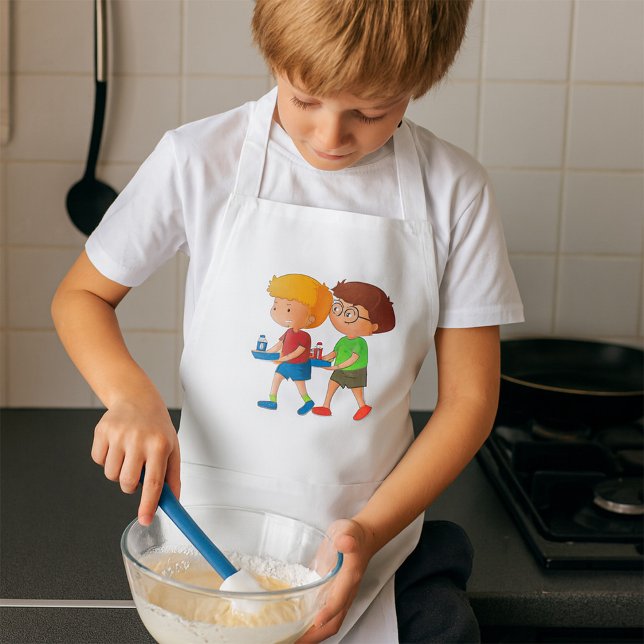 Rådiga pojkar som transporterar matbrickor förkläde (Skapare uppladdad)