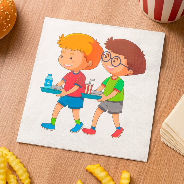 Rådiga pojkar som transporterar matbrickor pappersservett (Skapare uppladdad)
