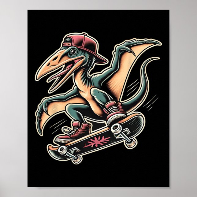 Radikal Skateboardåkande Pterodactyl Dinosaurie Te Poster (Framsidan)