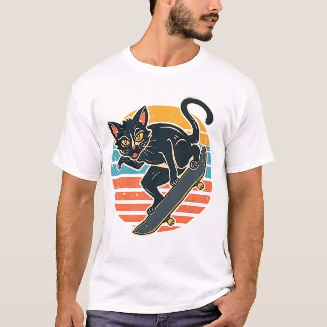 Radikal Skater Svart Katt Fångar Luft Retro Solned T Shirt (Framsida)