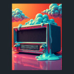 Radion för flytande krom: Surreal poppart Poster<br><div class="desc">Den här poster har en vintage-stil-radio som fungerar som en portal till en ny verklighet. Radion är både retro och futuristiska, med en glansig, krom-liknande kropp och underliga, bubbelliknande moln ovanför den. Den blåa vätskan från ram är inte bara bra - det är själva kärnan i drömmar och glömda minnen...</div>