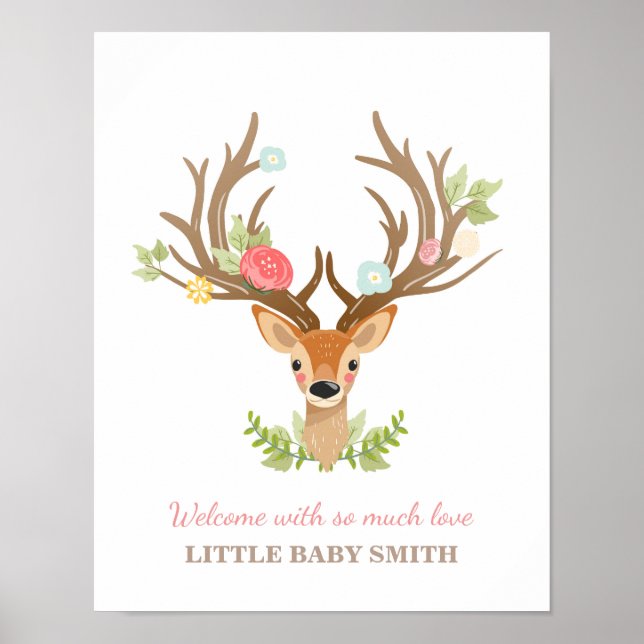 Rådjur baby shower gästbok fingeravtryck skogsmark poster (Framsidan)