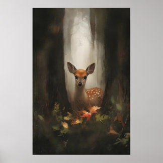 Rådjur i skogsbelysning Skogslandskap Babyhjort Ko Poster
