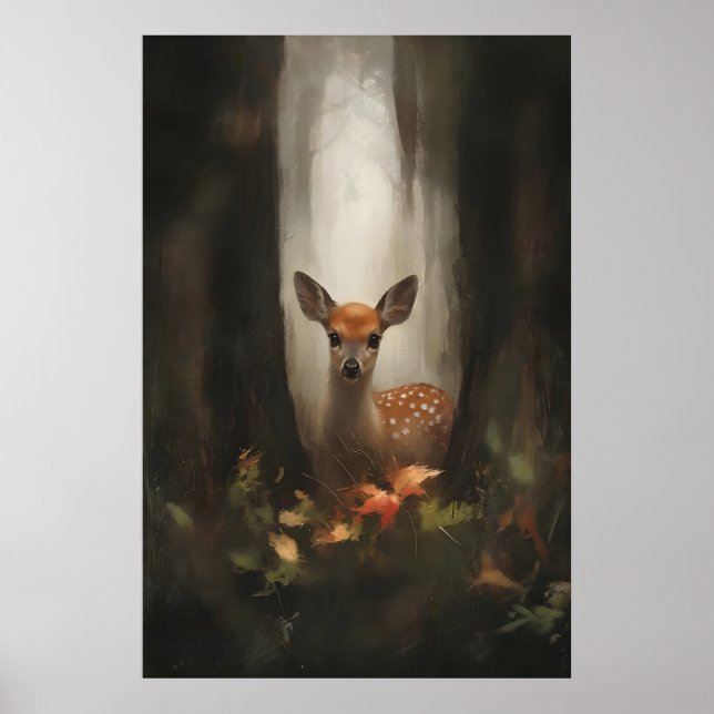 Rådjur i skogsbelysning Skogslandskap Babyhjort Ko Poster (Framsidan)