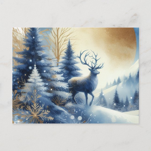 Rådjur i vinter skog blå och guld design vykort (Framsida)