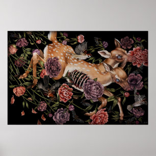 Rådjur med fåglar och blommor gotisk botanik poster